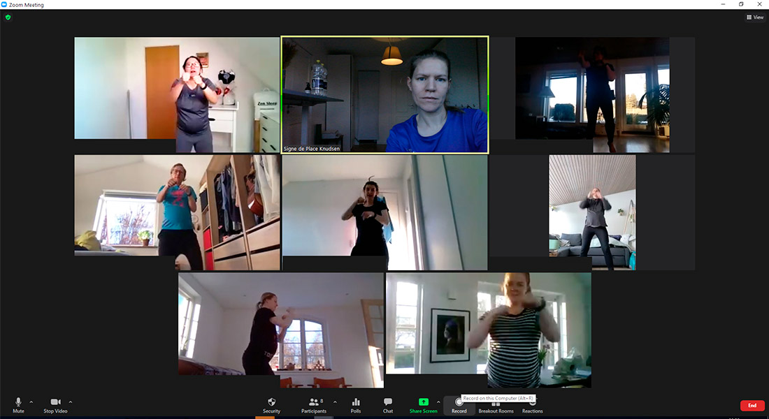Screenshot fra en træningssession på videomødetjenesten Zoom